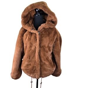 Lucky Brand Faux Fur Hooded Coat Womens Medium Brown Mobwife Outdoors Winter